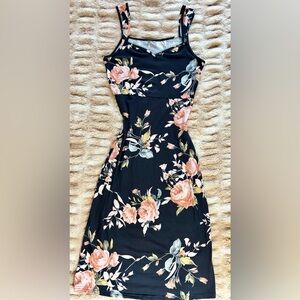 Black Midi Dress with Pink Floral Print